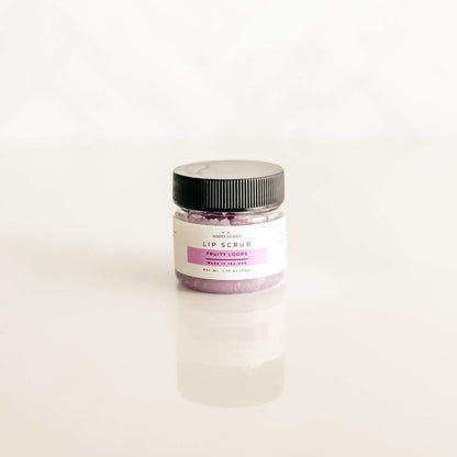 Vibrant purple Fruity Loops lip scrub in a jar, part of Simply Stated Bath & Body's playful and nostalgic lip care collection.