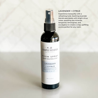 Simply Stated Bath & Body Lavender + Citrus Room Spray with a calming lavender and citrus blend, offering refreshing and odor-neutralizing benefits.