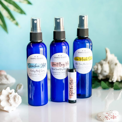 Stay cool and protected all summer with our Summer Essential Bundle! Featuring Too Much Sun Spray, Scorchin' Hot Cooling Body Spray, Don't Bug Me Repellant, and Fight the Bite remedy stick.