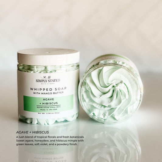 Simply Stated Agave + Hibiscus Whipped Soap with Mango Butter – tropical floral blend in mint green swirl, featured in 3.3 oz jar for summer skincare.