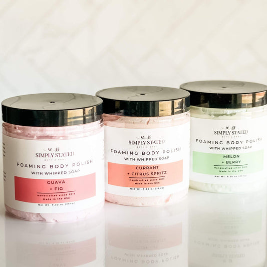Foaming Body Polish Trio – Guava Fig, Currant Citrus Spritz, Melon Berry whipped sugar scrubs from Simply Stated