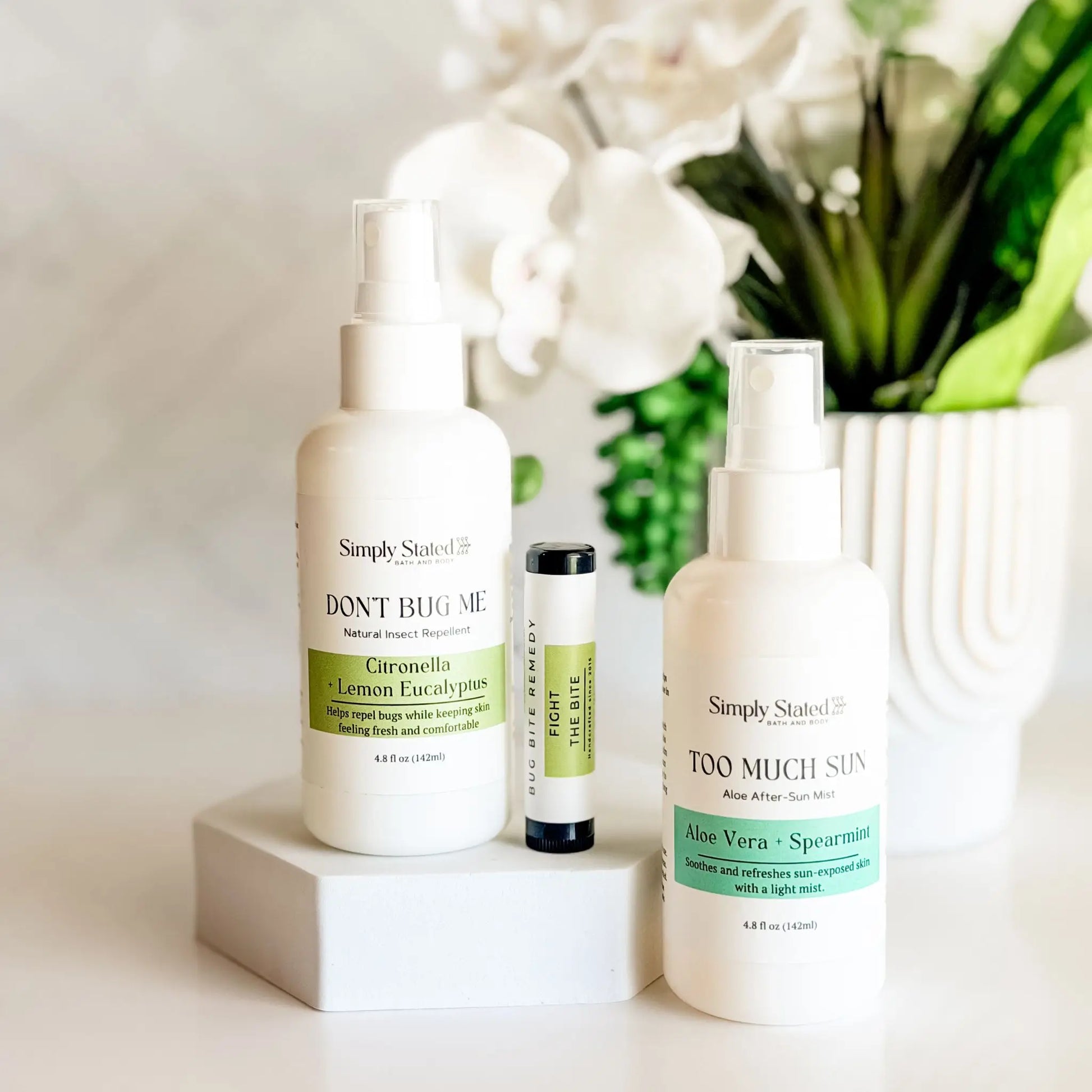 Simply Stated Summer Essentials Bundle with Don't Bug Me Spray, Fight the Bite remedy stick, and Too Much Sun Spray, handcrafted in Colorado