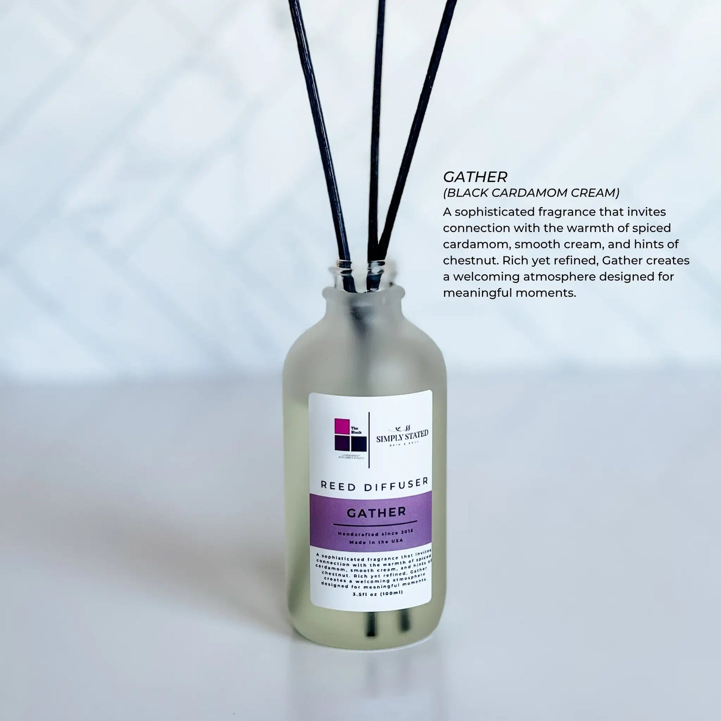 The Block x Simply Stated Reed Diffuser in fragrance Gather with a clean minimalist background.