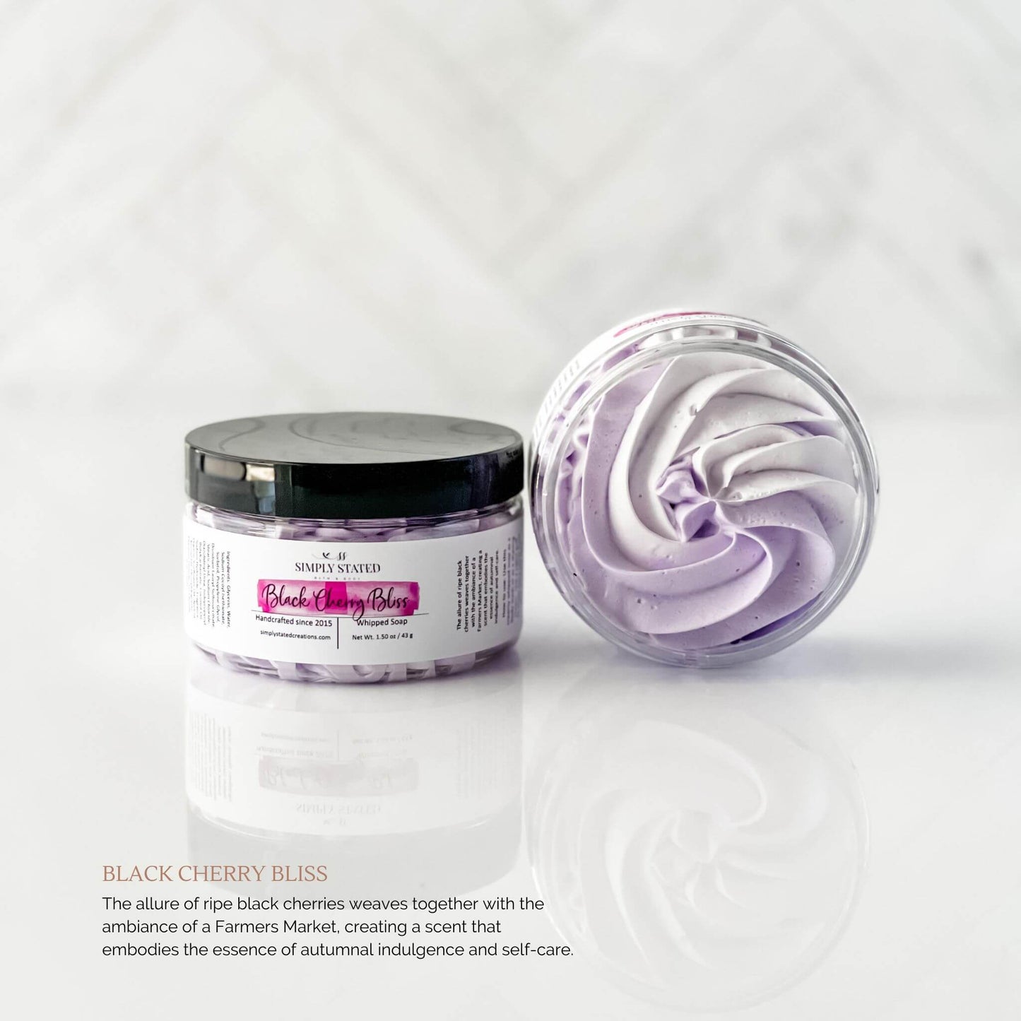 Farmers Market Collection Whipped Soap in Black Cherry Bliss: The allure of ripe black cherries weaves together with the ambiance of a Farmers Market, creating a scent that embodies the essence of autumnal indulgence and self-care.