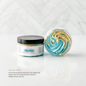 Sun-Kissed Collection Whipped Soap in Island Vibes. Sun kissed bergamot and lemon mix mingle with heady notes of orange blossom kissed by Mediterranean sea mist.