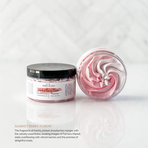 Farmers Market Collection Whipped Soap in Market Berry Fusion: The fragrance of freshly picked strawberries merges with the velvety creaminess, evoking images of Farmers Market stalls overflowing with vibrant berries and the promise of delightful treats.