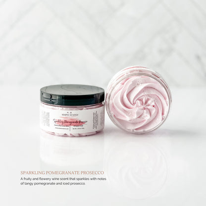 Winter Collection Whipped Soap in Sparkling Pomegranate Prosecco. Scent description "A fruity and flowery wine scent that sparkles with notes of tangy pomegranate and iced prosecco."