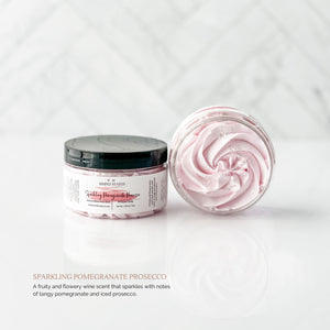 Winter Collection Whipped Soap in Sparkling Pomegranate Prosecco. Scent description "A fruity and flowery wine scent that sparkles with notes of tangy pomegranate and iced prosecco."