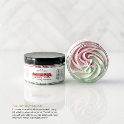 Farmers Market Collection Whipped Soap in Watermelon Delight: Experience the joy of a Farmers Market in early fall with this delightful fragrance. The refreshing notes of juicy watermelon, ripe peach, and sweet strawberry mingle in perfect harmony.