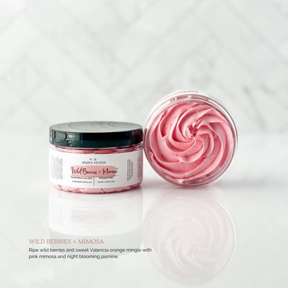 Spring-Inspired Whipped Soap in Wild Berries + Mimosa. Ripe wild berries and sweet Valencia orange mingle with pink mimosa and night blooming jasmine.