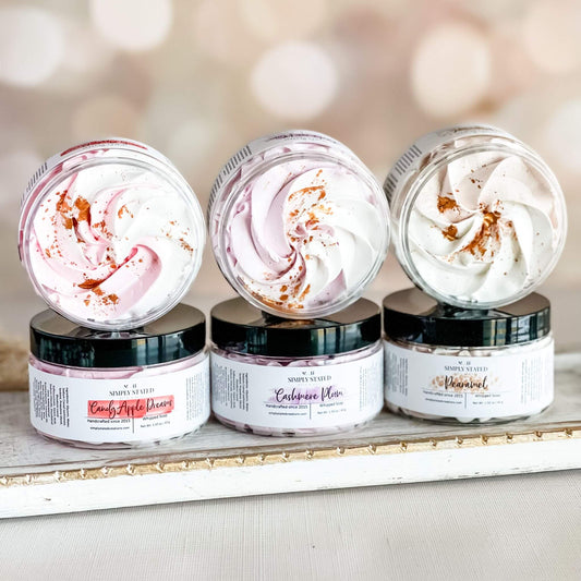 Winter Luxe Whipped Soap: Fluffy Elegance for a Luxurious Clean including Candy Apple Dreams, Cashmere Plum, and Pearamel.