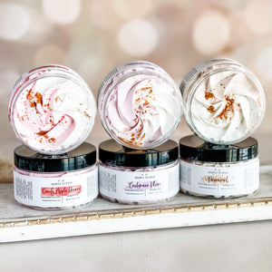 Winter Luxe Whipped Soap: Fluffy Elegance for a Luxurious Clean including Candy Apple Dreams, Cashmere Plum, and Pearamel.