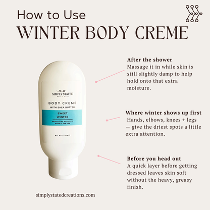 Simply Stated Sweet Winter Body Creme with shea butter, step-by-step usage guide graphic for dry skin relief.