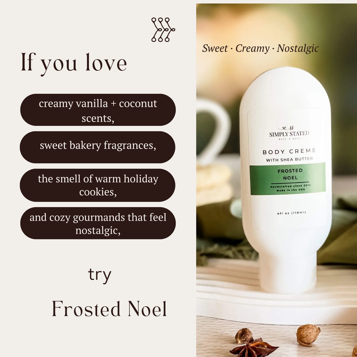 Frosted Noel Body Creme by Simply Stated, soft vanilla pine scent, cozy holiday product graphic with shea butter.