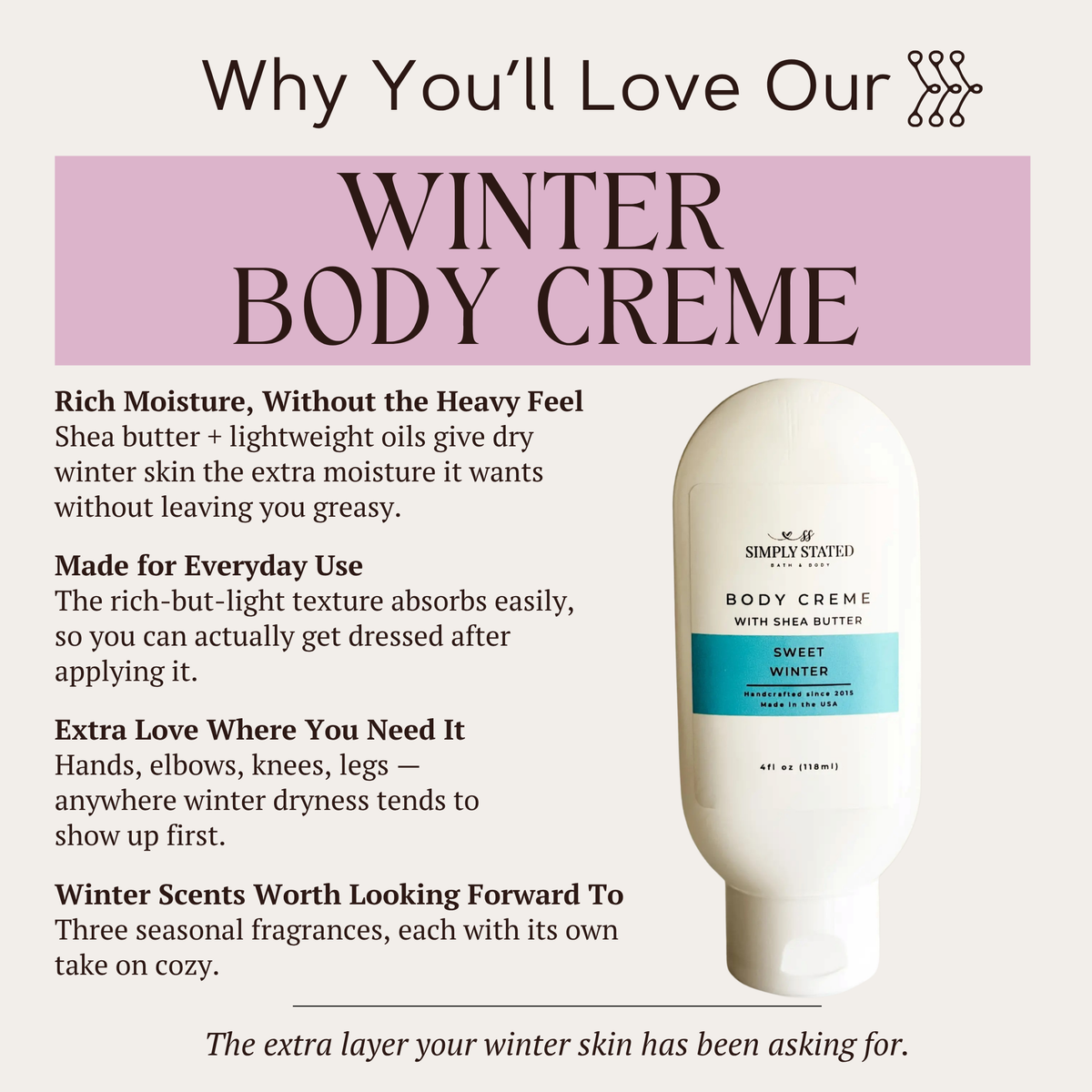 Simply Stated Sweet Winter Body Creme with shea butter, lightweight moisture for dry winter skin, product infographic.