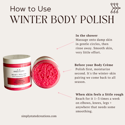 Simply Stated Holiday Cranberry Body Polish with kokum butter, step-by-step exfoliation usage guide graphic.