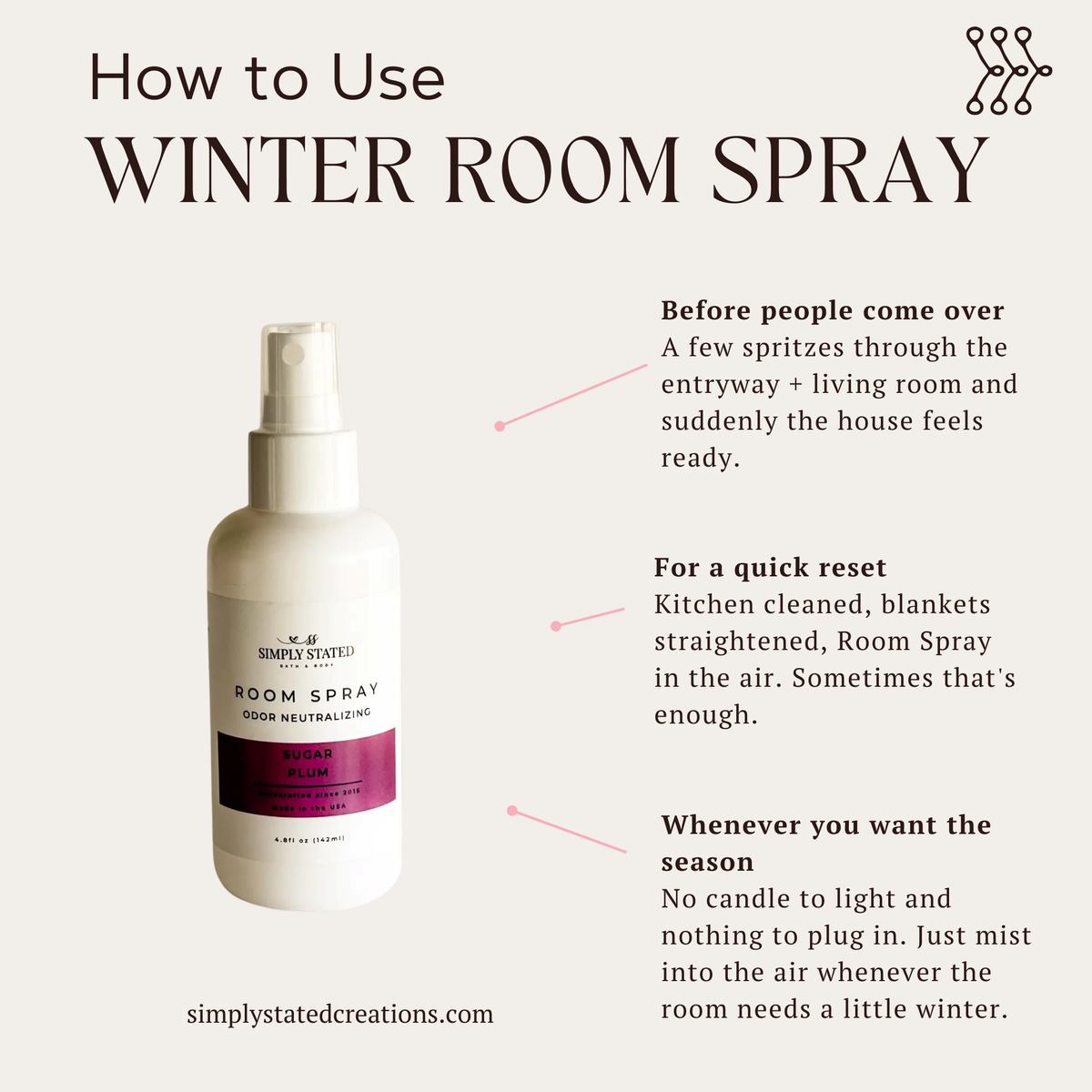 Simply Stated Sugar Plum Room Spray, odor neutralizing, how-to-use guide for quick home refresh, no candle needed.