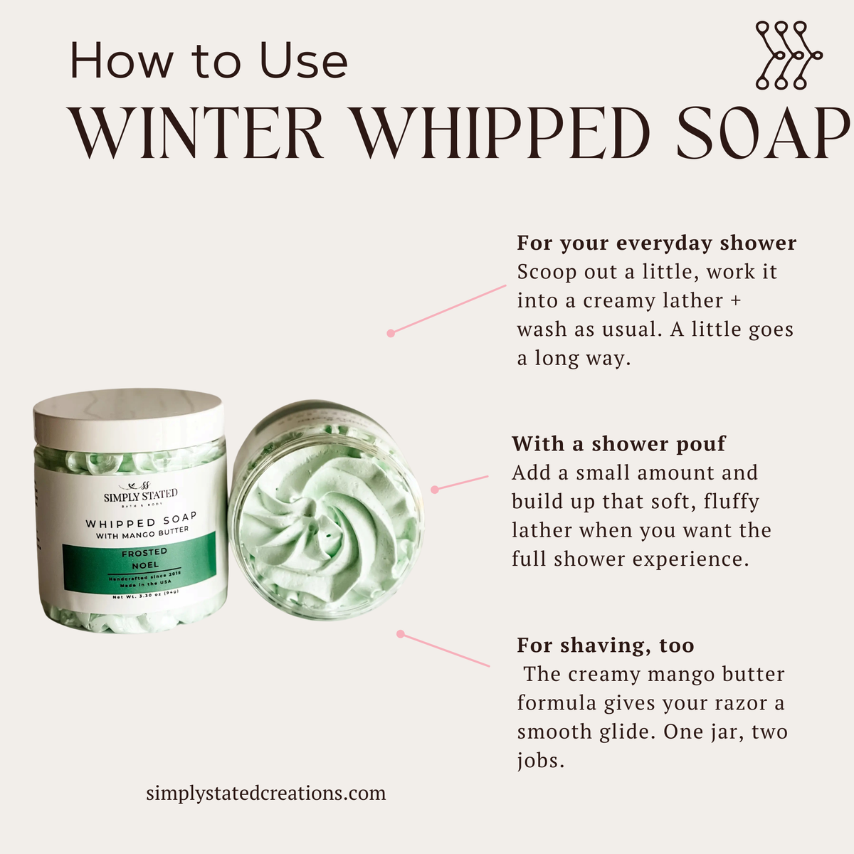 Simply Stated Frosted Noel Whipped Soap with mango butter, how-to-use guide for showering and shaving.