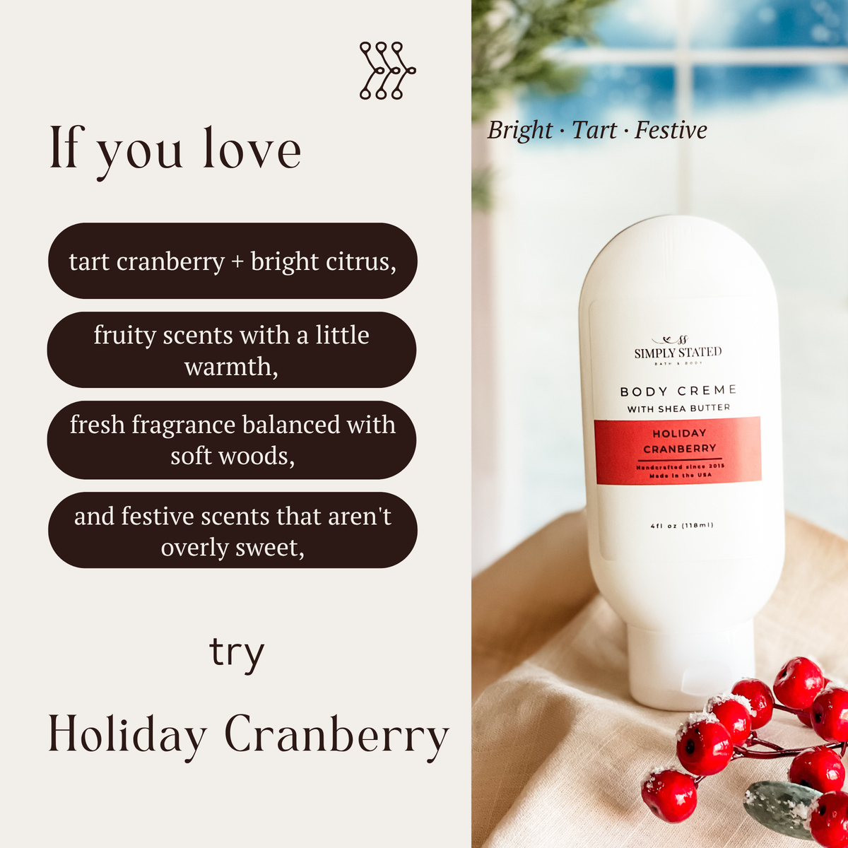 Holiday Cranberry Body Creme by Simply Stated, bright tart cranberry scent, festive holiday product graphic.