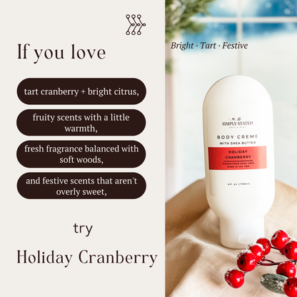 Holiday Cranberry Body Creme by Simply Stated, bright tart cranberry scent, festive holiday product graphic.
