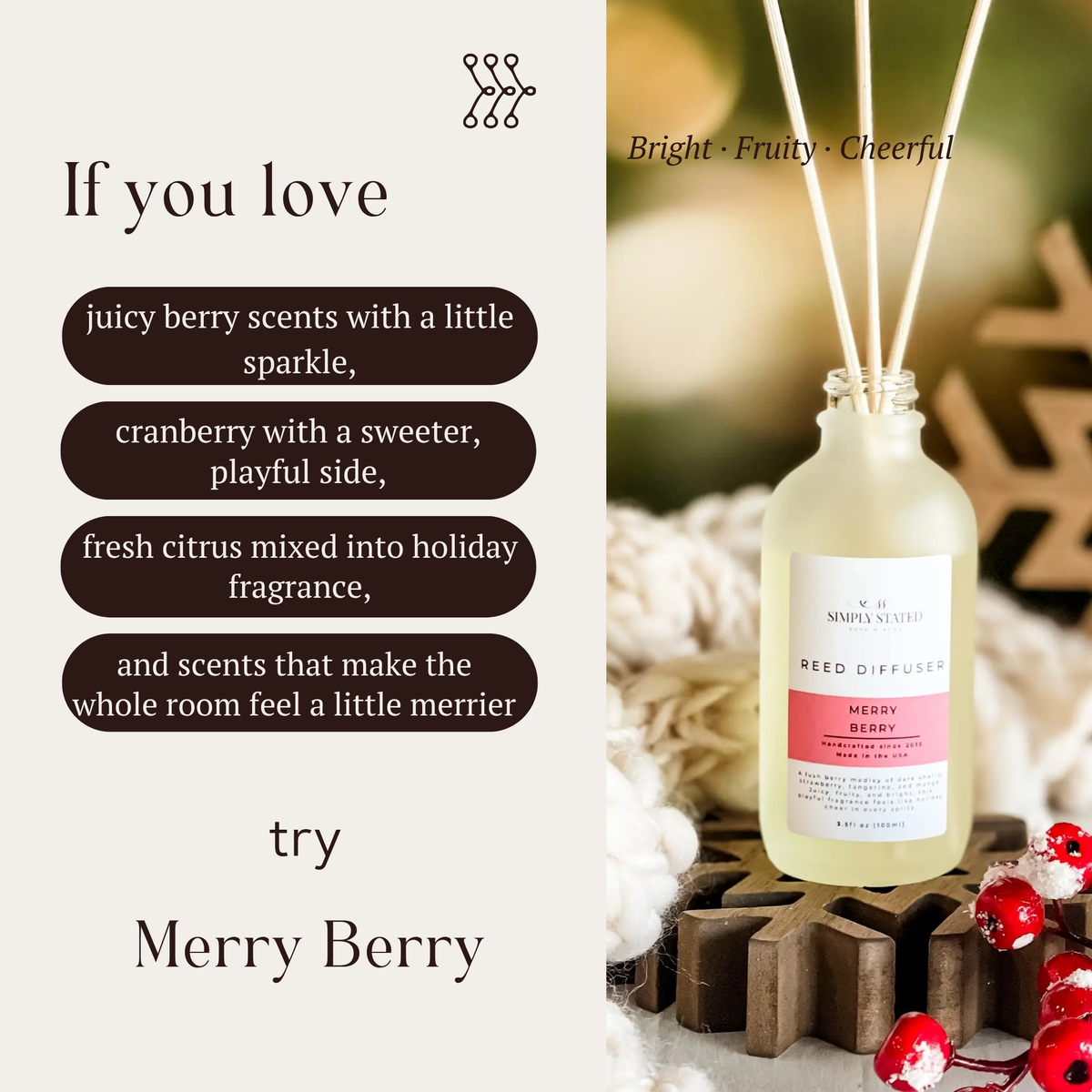 Merry Berry Reed Diffuser by Simply Stated, bright fruity berry citrus scent, holiday product graphic.