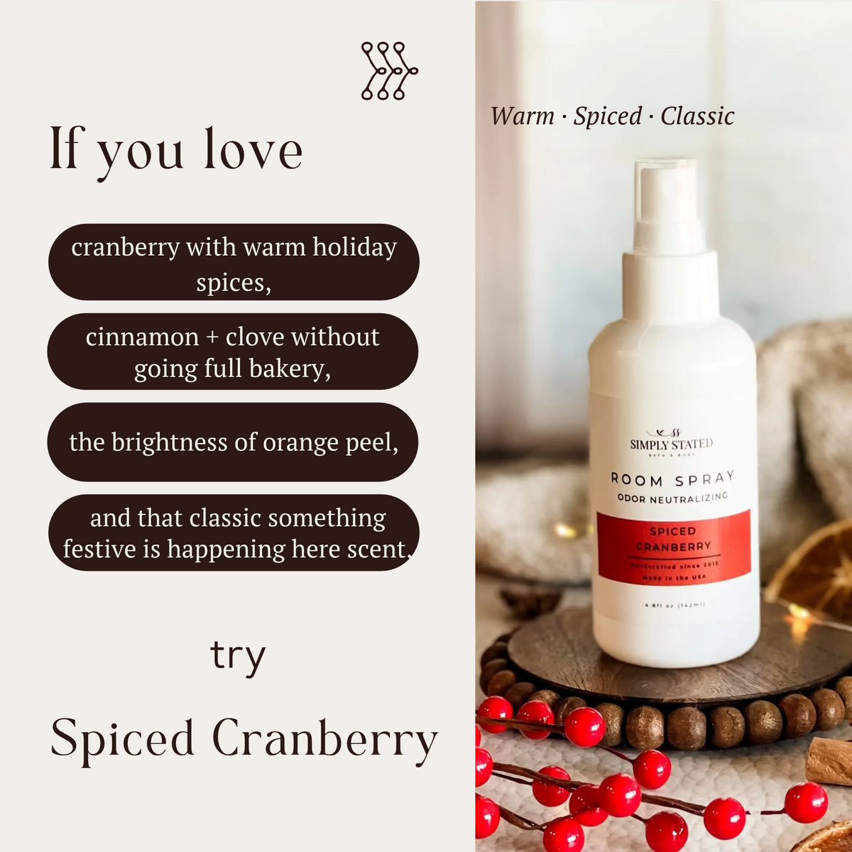 Spiced Cranberry Room Spray by Simply Stated, cranberry cinnamon clove scent, warm spiced holiday graphic.