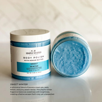 Simply Stated Sweet Winter Body Polish with kokum butter, banana lemon peach scrub texture on marble surface.