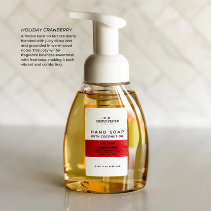 Simply Stated Holiday Cranberry Foaming Hand Soap with coconut oil, tart cranberry citrus scent, on marble.
