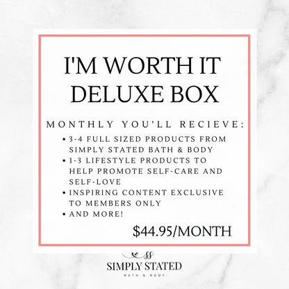 I'm Worth It Subscription Box by Simply Stated Bath & Body monthly self-care subscription box for busy women delux box includes full sized products and shirts or accessories