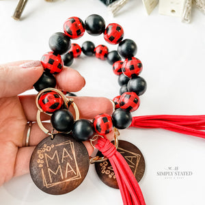 Bangle Keychain made with wood beads in red plaid. Mama wooden charm included.