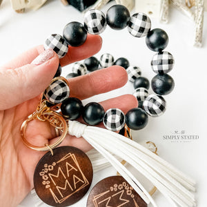 Bangle Keychain made with wood beads in black and white plaid. Mama wooden charm included.